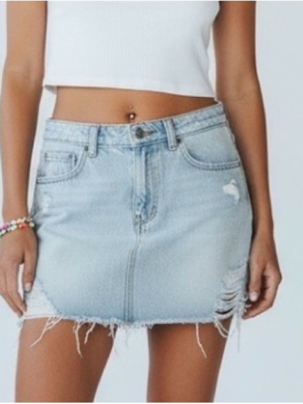 PacSun Light Wash Distressed Denim Mini Skirt Frayed Hem Y2K Size 26